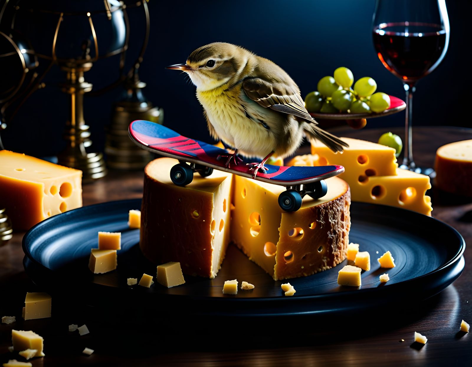 Willow Warbler Bird on Skateboard, Detailed Digital Art