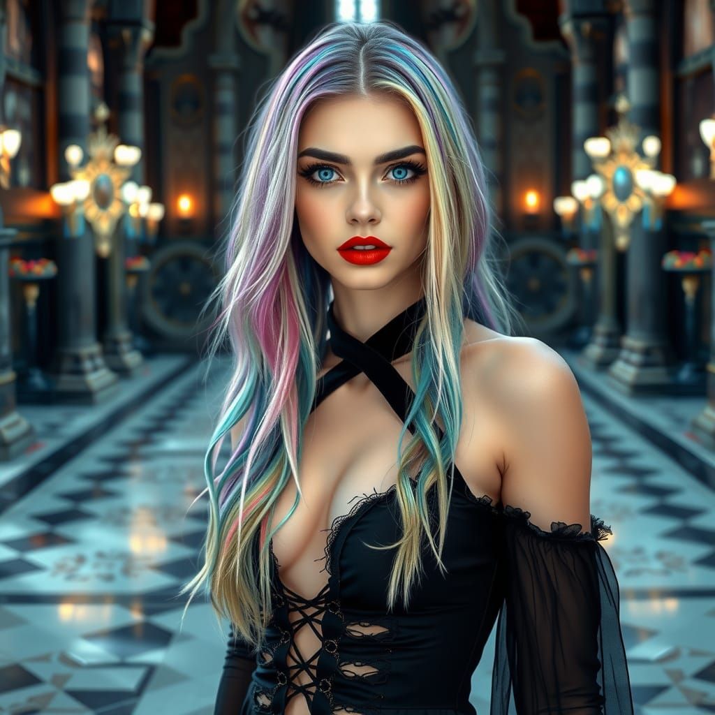Ethereal Vampire-Lycan Hybrid in Rainbow Hair