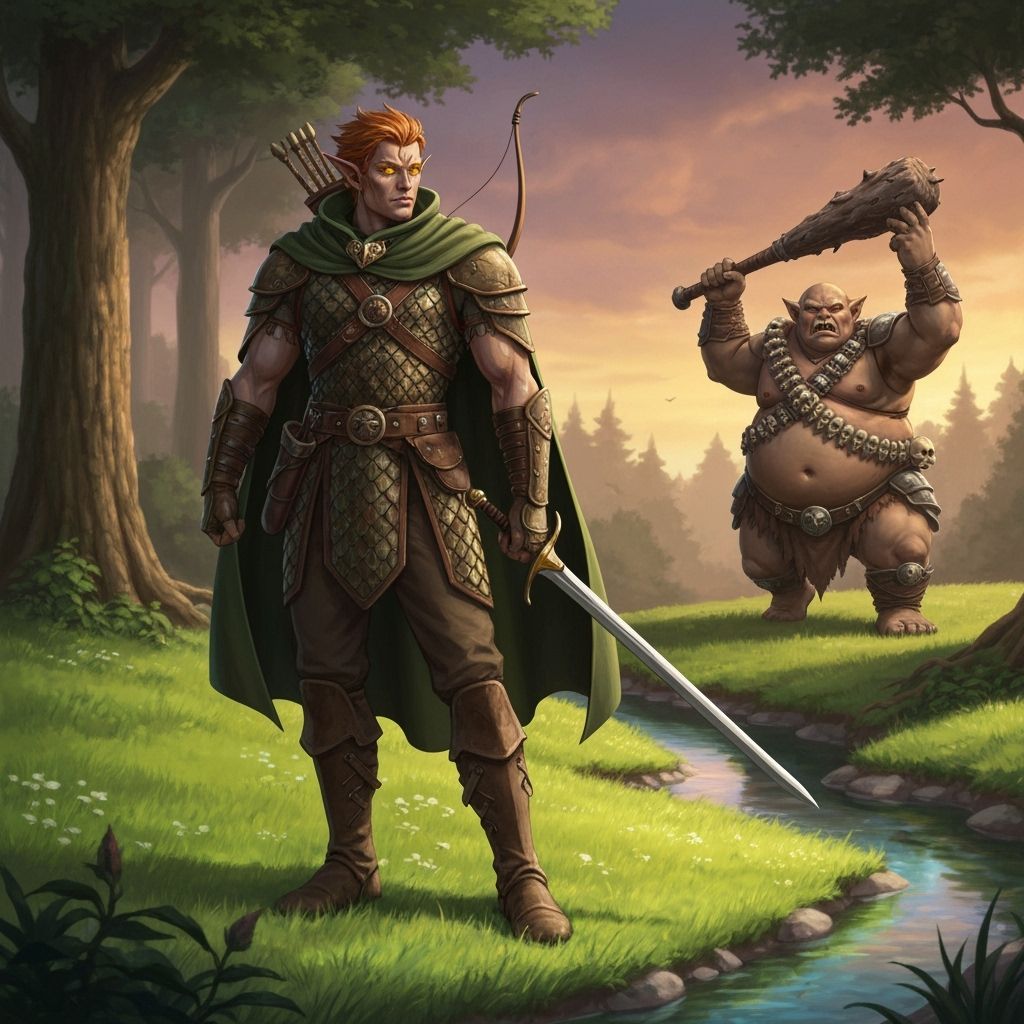 Wood Elf Ranger Confronts Ogre in Forest Glade