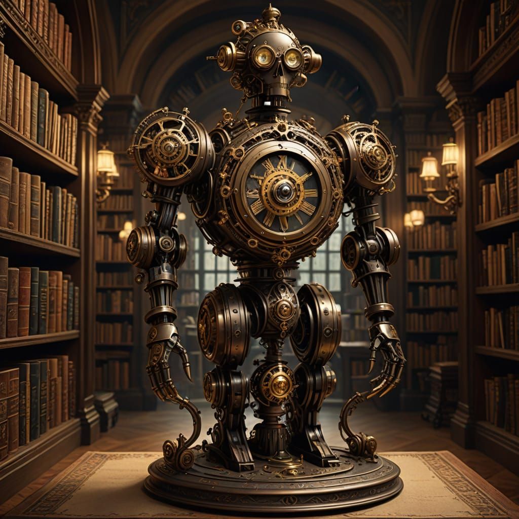 Clockwork Automaton in Forgotten Library, Baroque & Steampun...