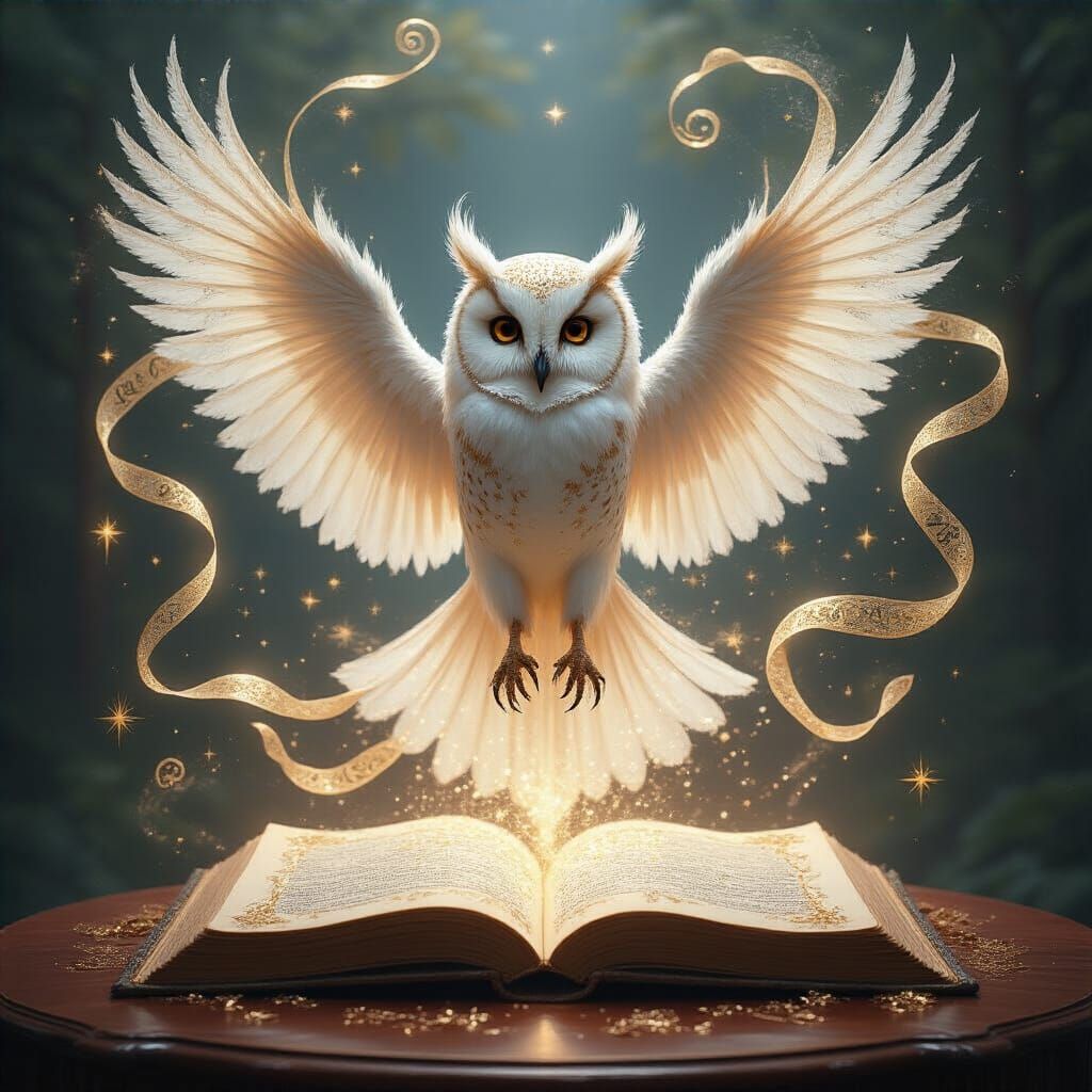 Beautiful Golden Owl Instructor Radiating Magic in Anime Sty...