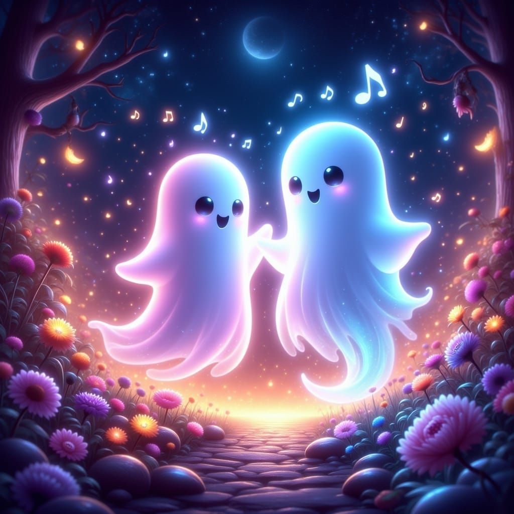 Dancing Pastel Ghosts in Dreamlike Landscape