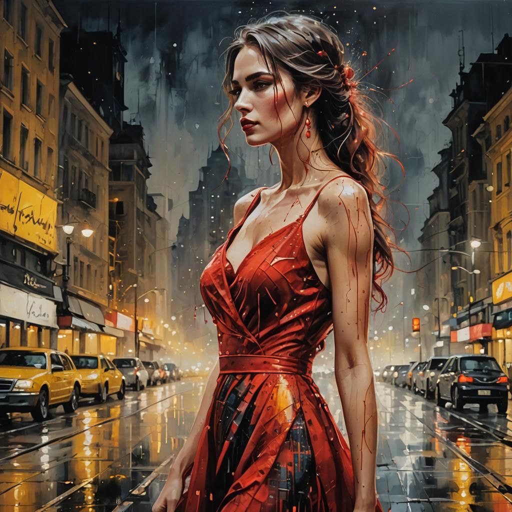 Girl in Red Dress in Night City
