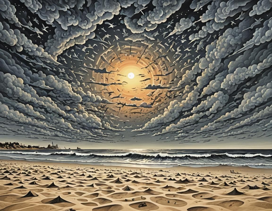 Surreal Beach Sunset in Escher Expressionist Style