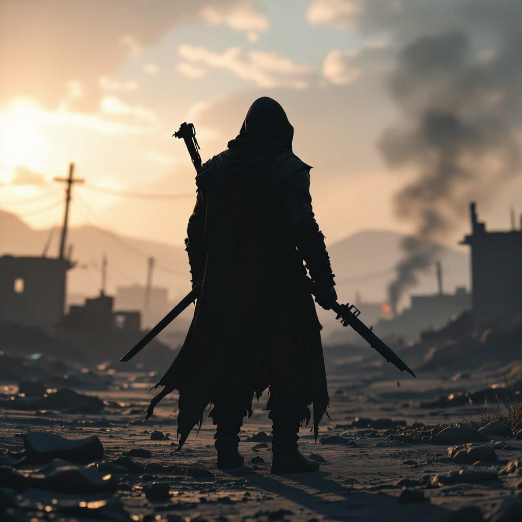 Lone Warrior in War-Torn Landscape, Epic 3D Game Art