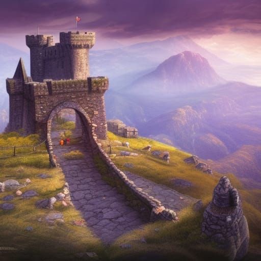 Mountain Peak Castle Ruins with Stone Bridge