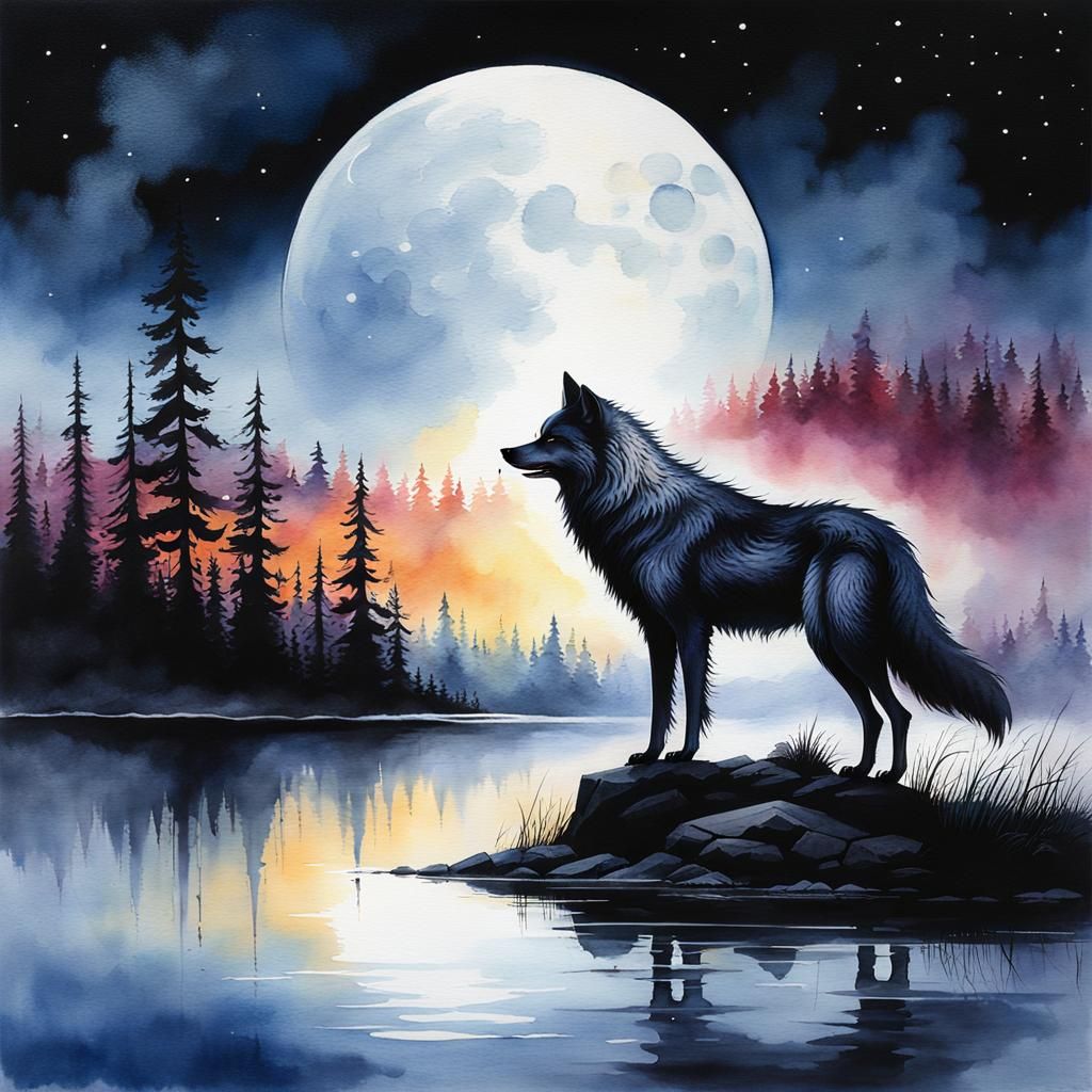 Watercolor Spirit Wolf by Moonlit Lake