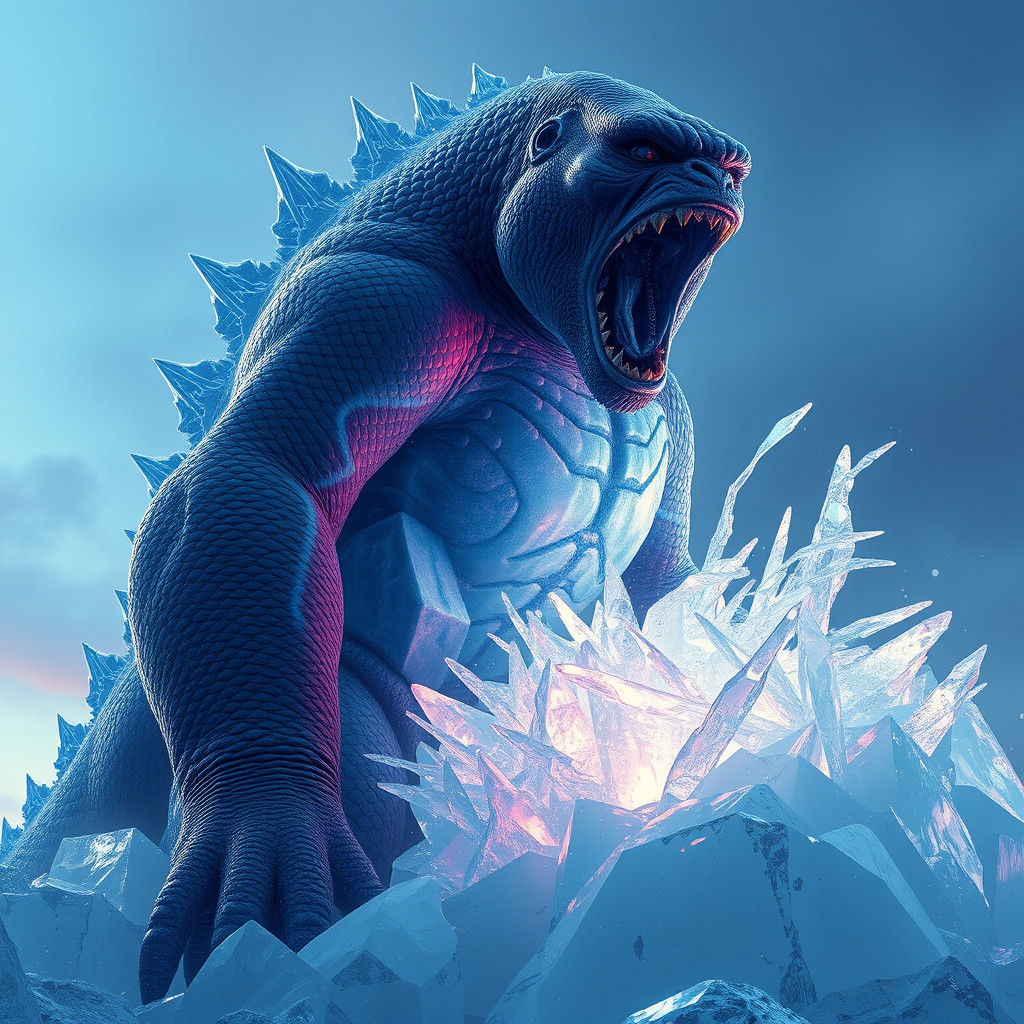 Frozen Godzilla-Kong Hybrid Sculpture in a Sci-Fi Style