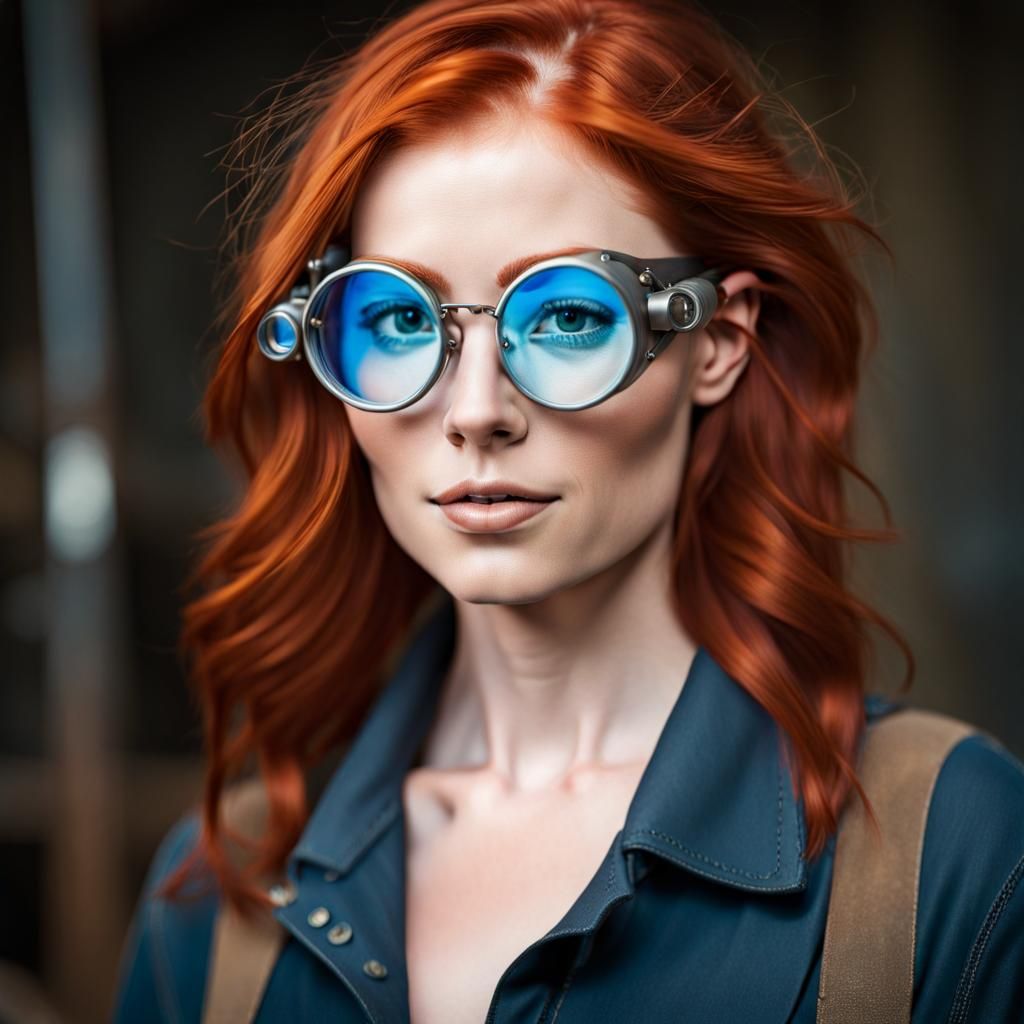 Redhead Welder in Designer Goggles