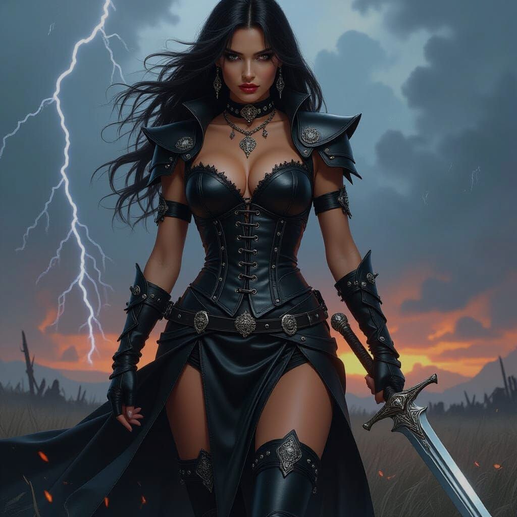Goth Valkyrie on Battlefield in Dark Fantasy Style