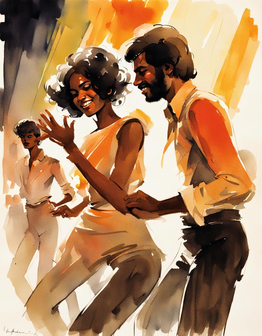 70s Disco Dancers in Ink and Watercolour Style