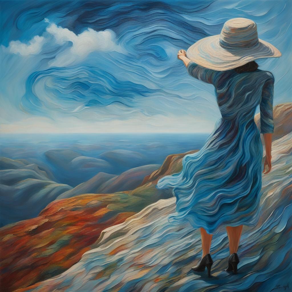 Woman Overlooking Surreal Landscape as Impressionist Oil Pai...