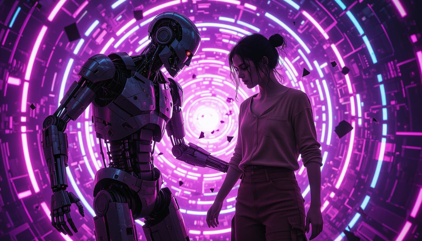 Humanoid Robot Breaks Free: Dystopian Futurism Art