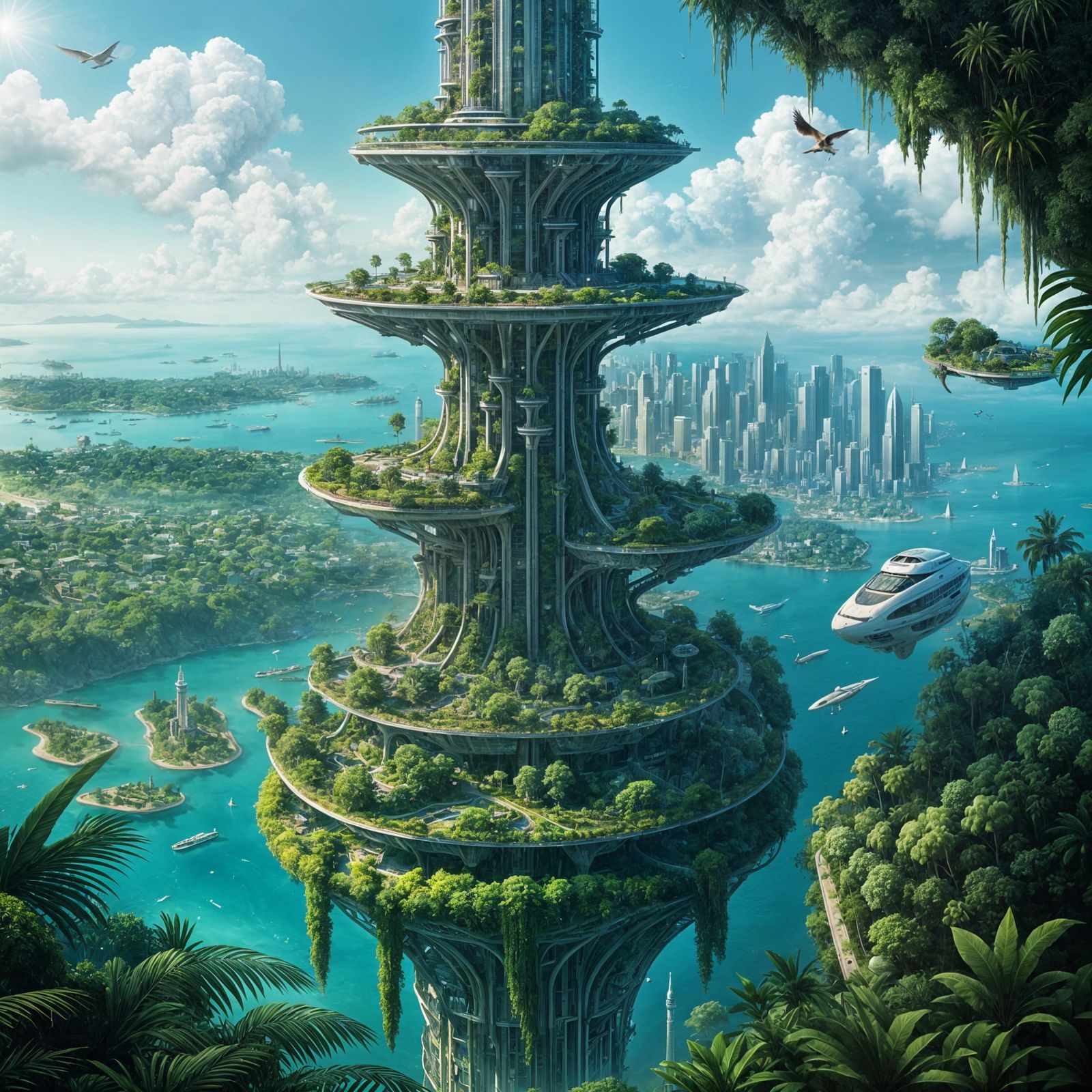 Retro Sci-Fi Arcology City Meets Lush Jungle