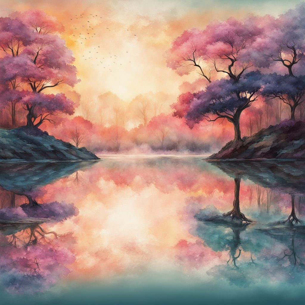 Whimsical Watercolor Wonderland with Rolling Hills and Seren...