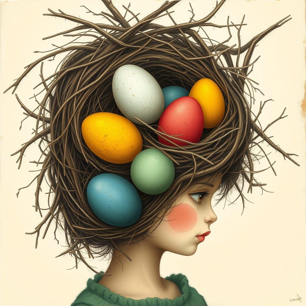 Girl with Bird Nest Hair and Colorful Eggs