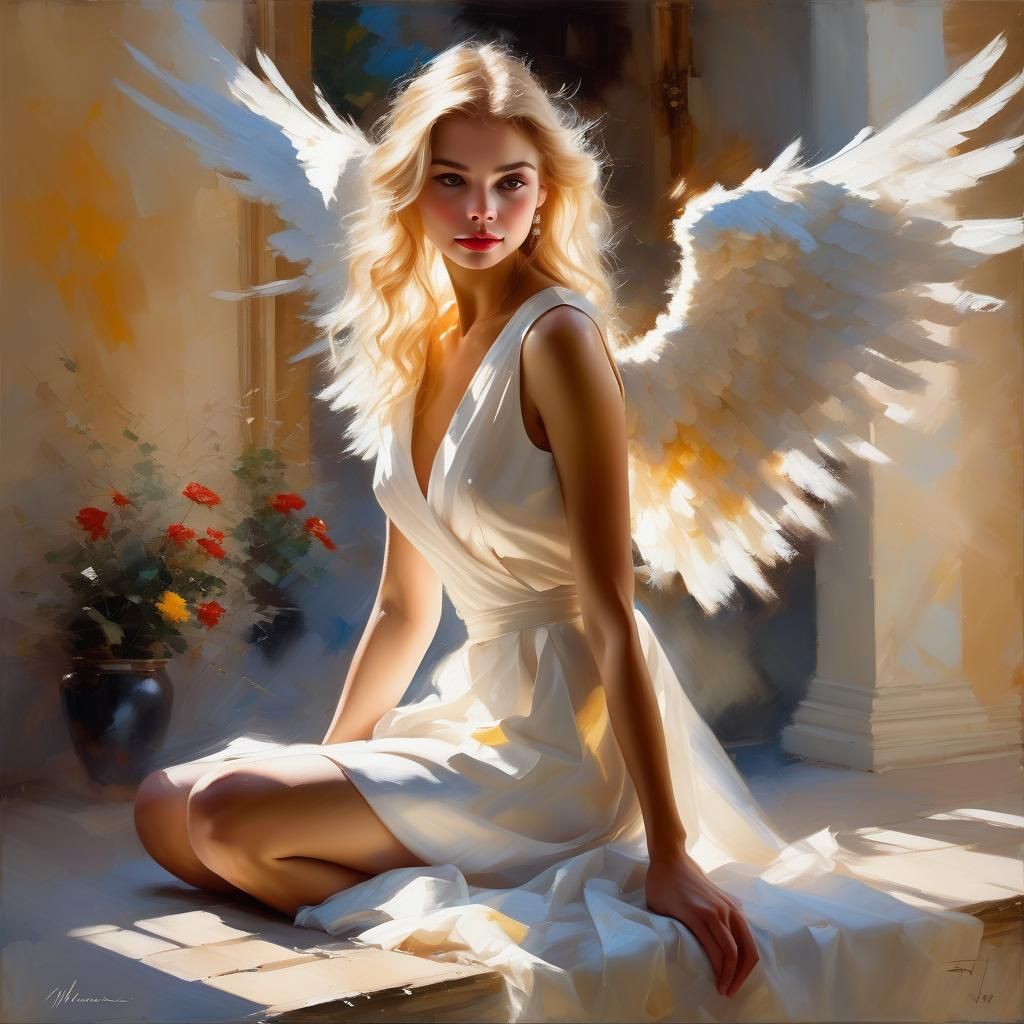 Beautiful Blonde Model as Angel, Impressionist Oil Painting