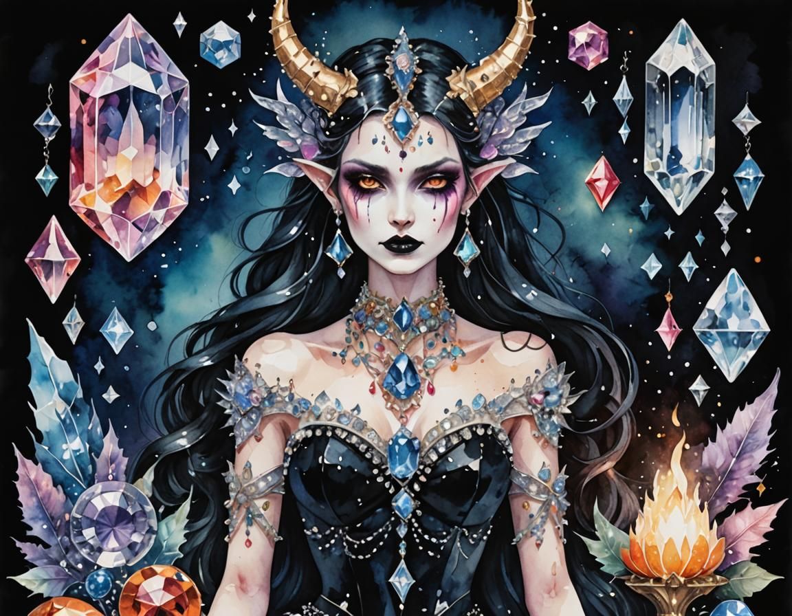 Crystalline Objects and Gothic Demoness in Watercolor