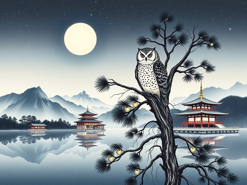 Japanese Landscape with Owl and Temple at Night