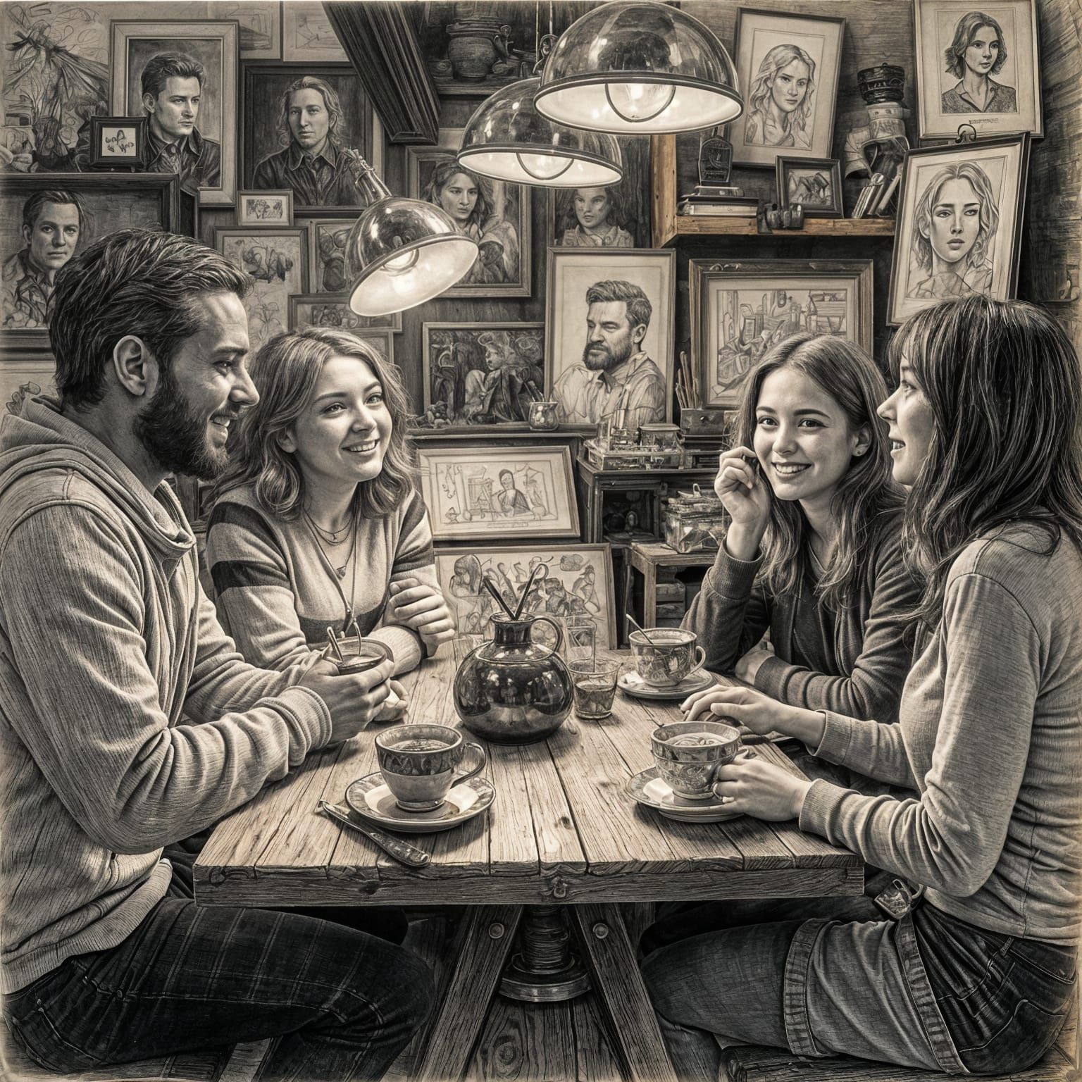 Friends Gather in a Cozy Artist's Studio in Hyperdetailed Ch...