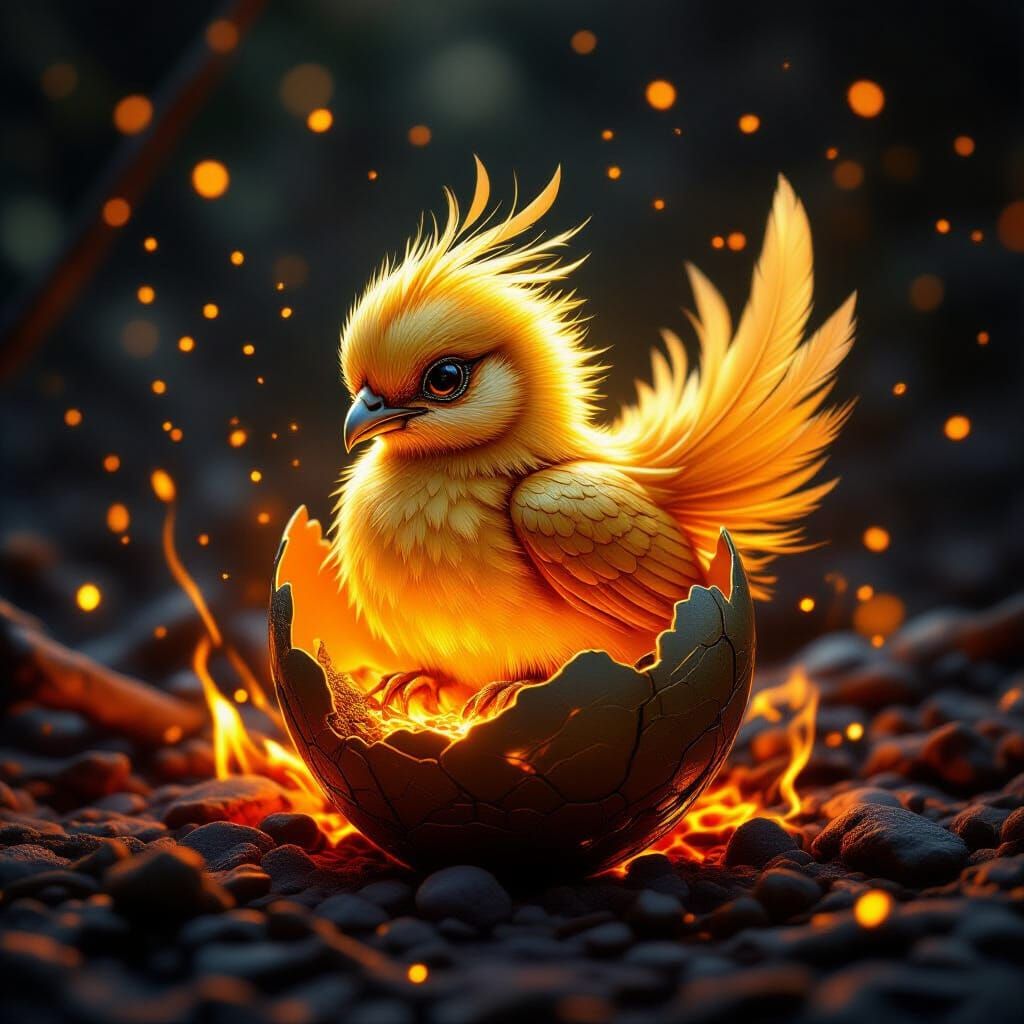 Golden Phoenix Hatching in Embers: Fantasy Art