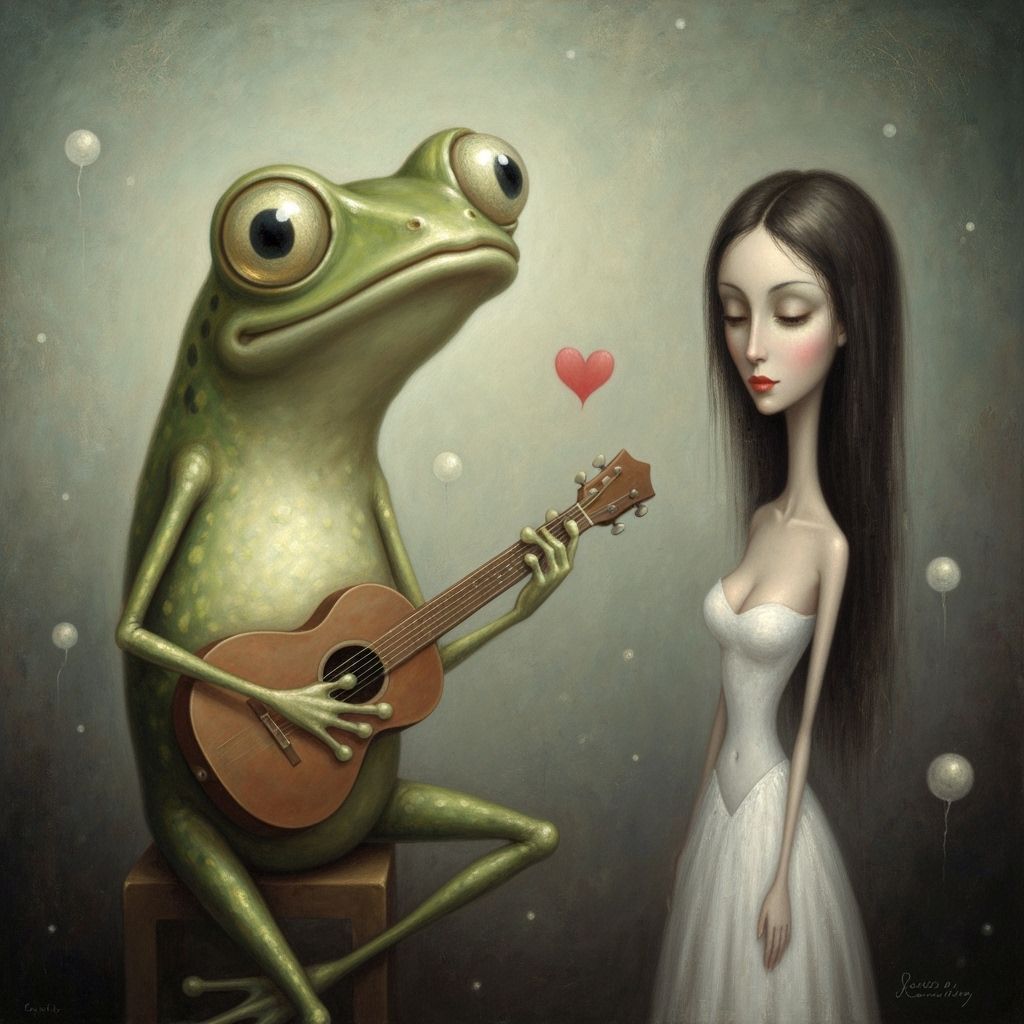 Surreal Frog Serenades Woman in Whimsical Oil Painting
