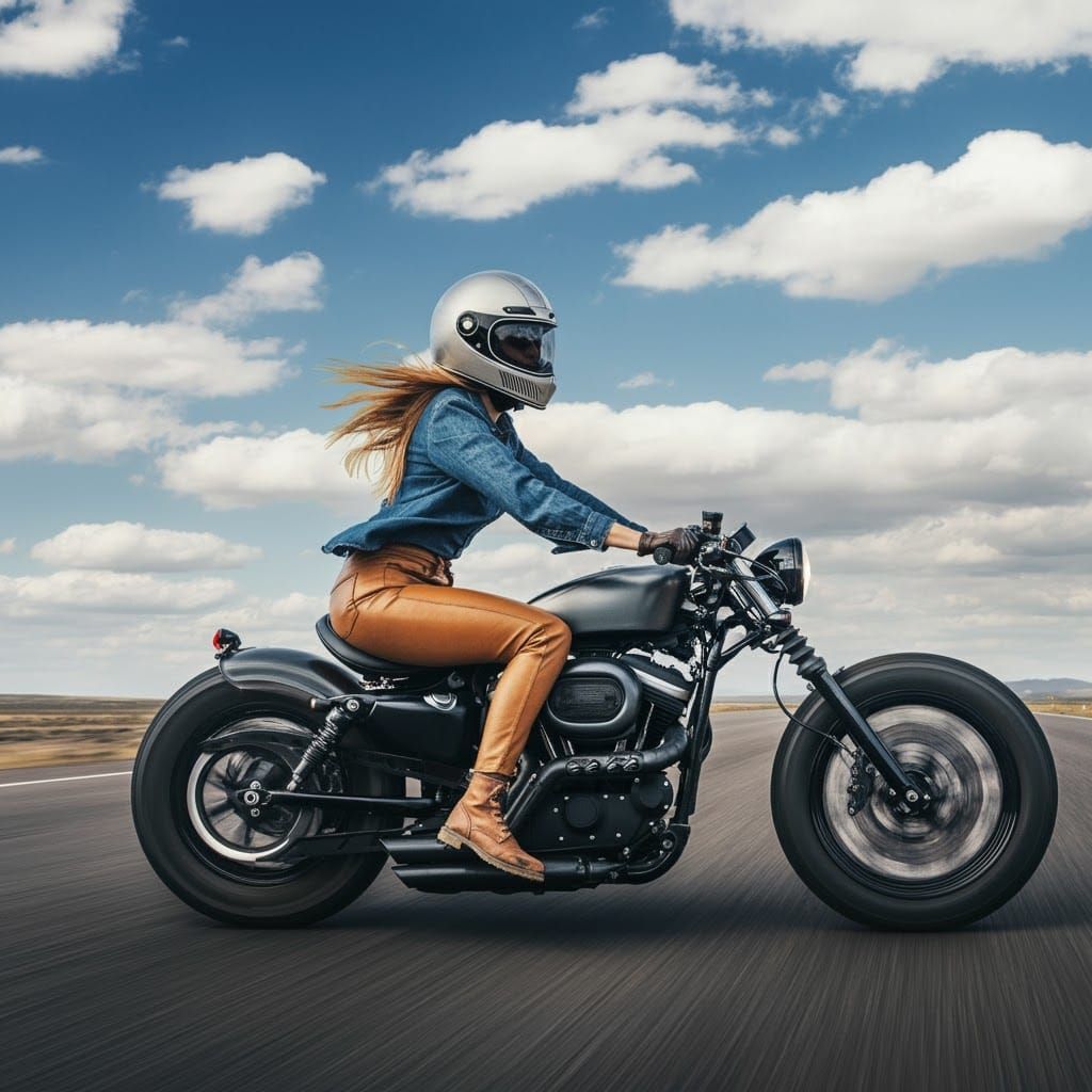 Motorcycle Rider on Highway, Gritty Action Scene