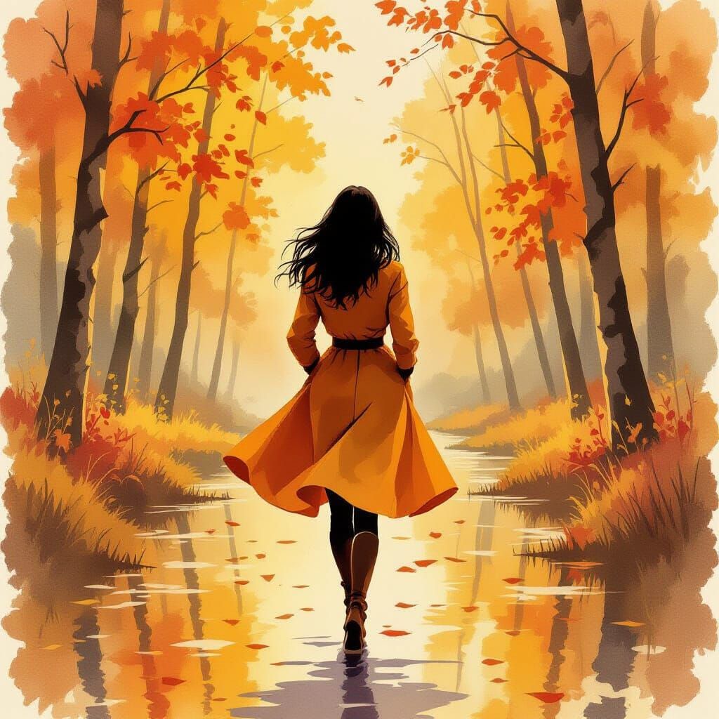 Autumn Sketch in Warm Yellow-Orange and Brown Watercolor