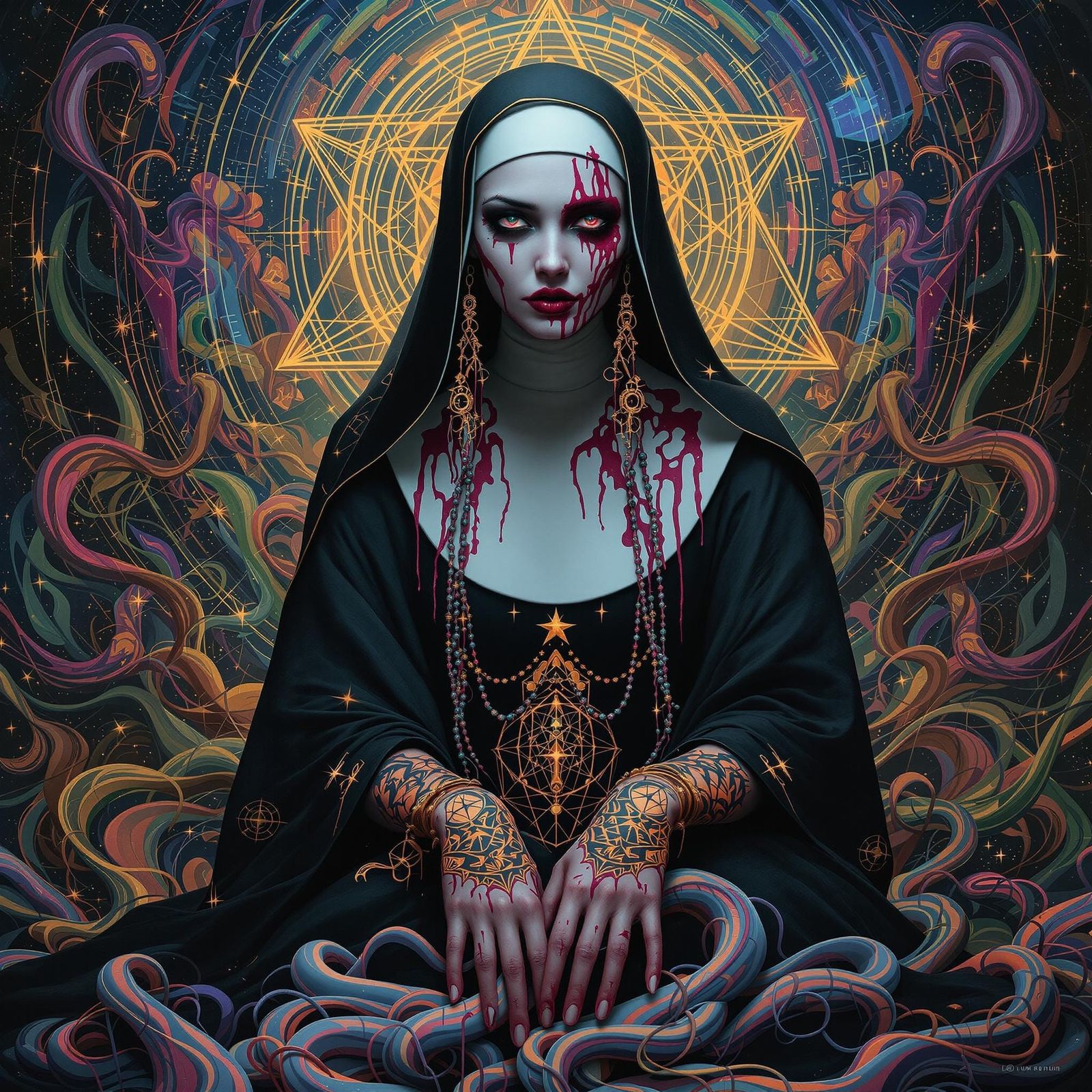 Surreal Melting Nun in Psychedelic Sacred Geometry