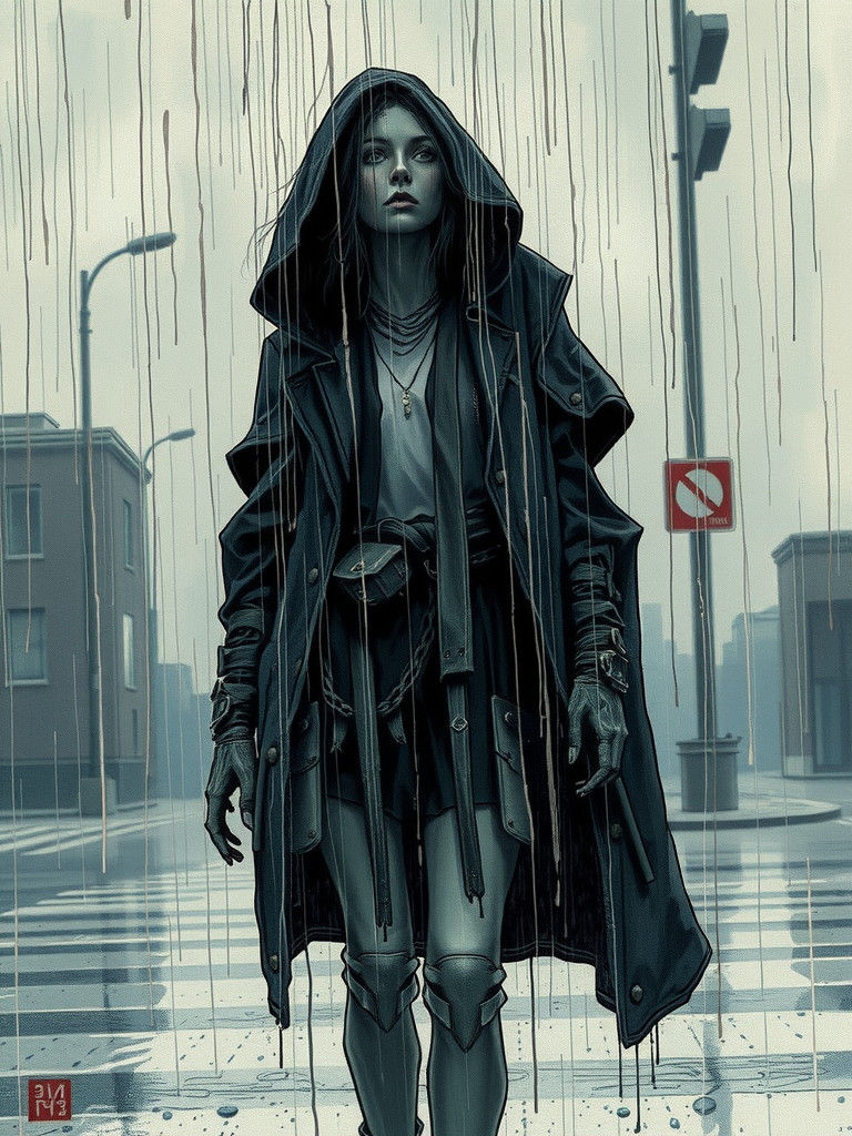 Melancholy Cyborg in Rainy Cyberpunk Street