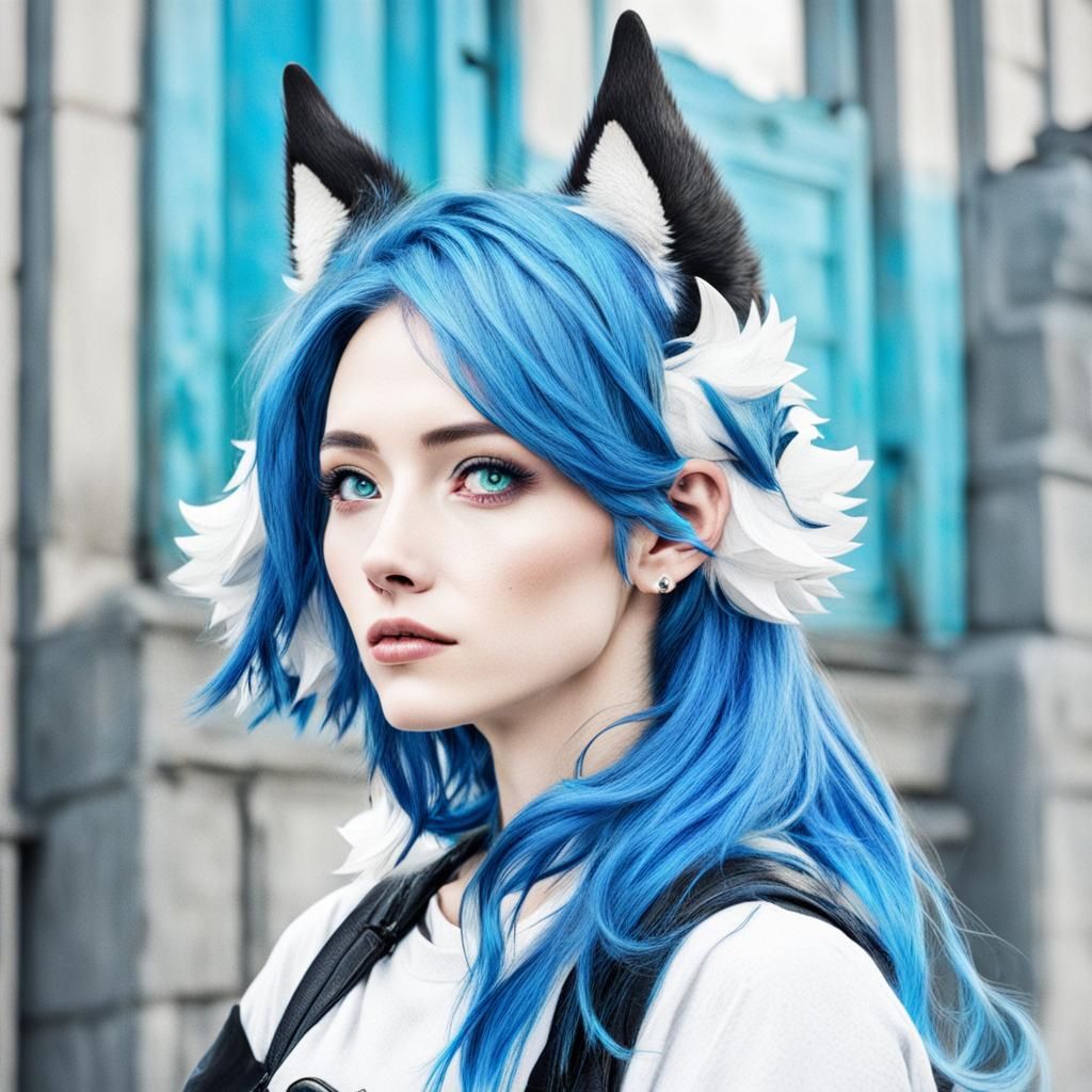 Girl with Blue Hair and Wolf Ears Portrait