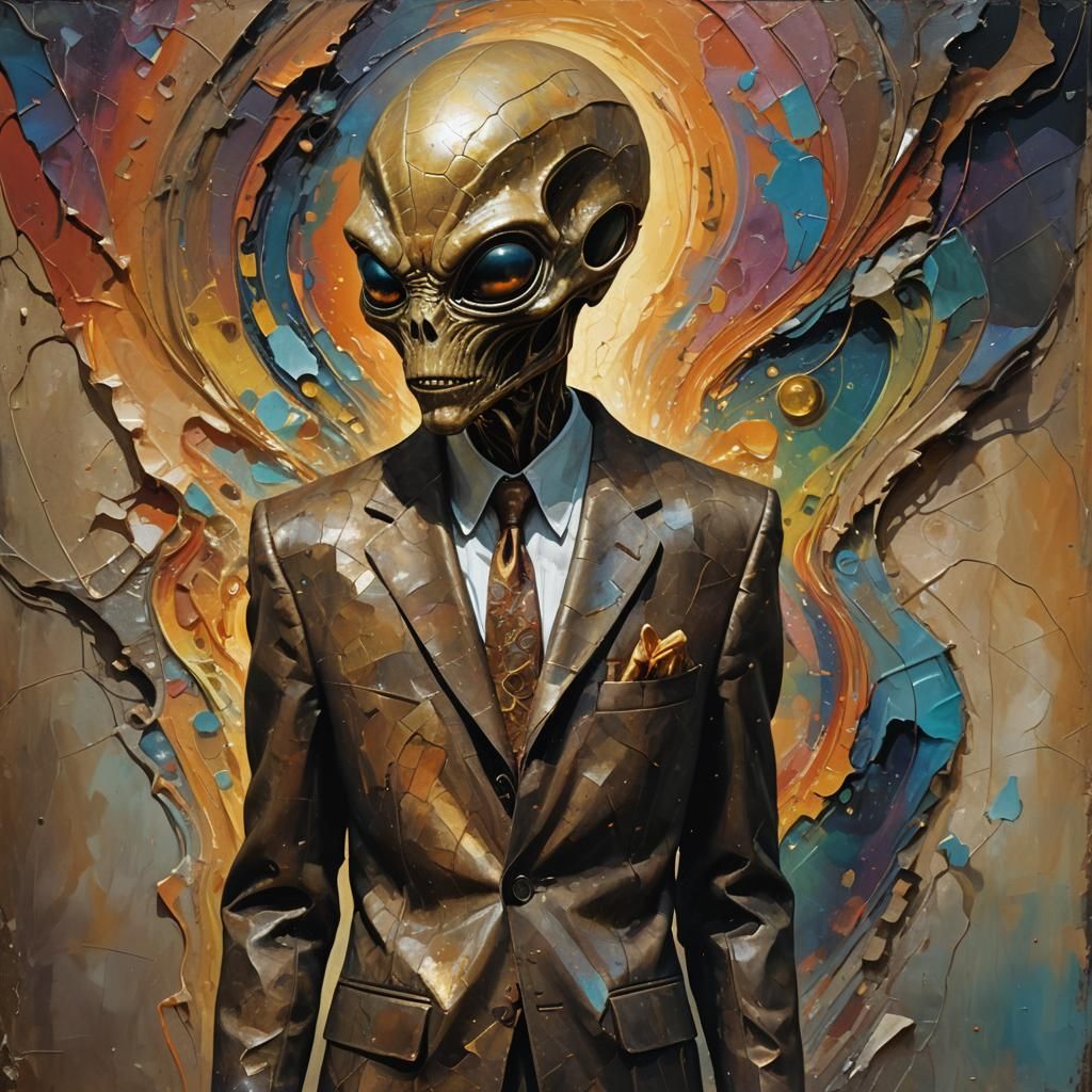 Alien in Bronze Suit with Black Flower in Surrealist Style