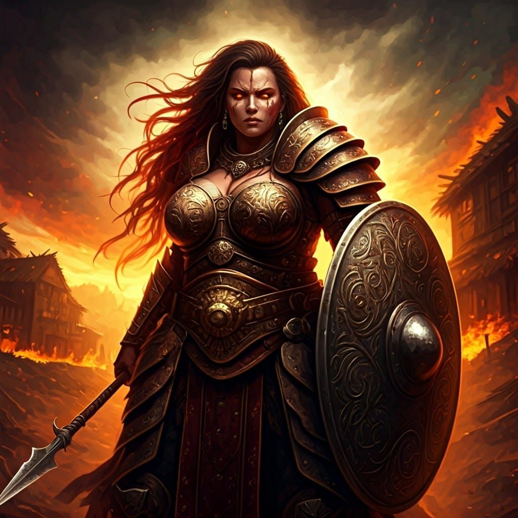 Vigilant Warrior Defends Burning Village in Dramatic Cyberpu...