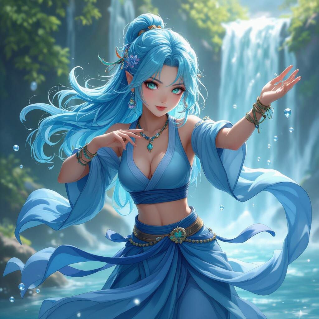Water Genasi Monk Training by Waterfall, in Anime Style