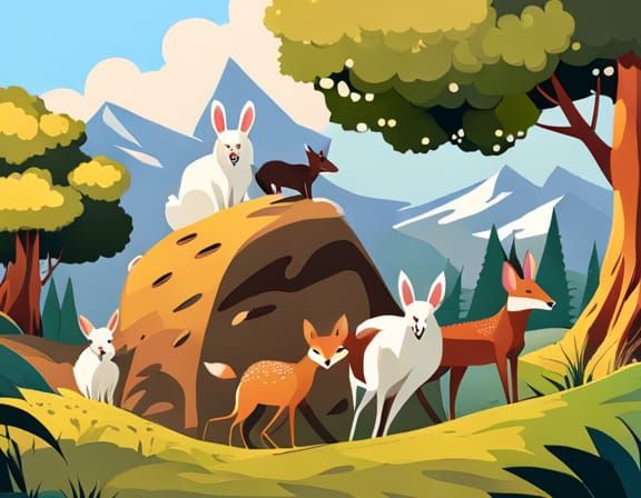 Forest Animals Teamwork: Pushing a Giant Boulder