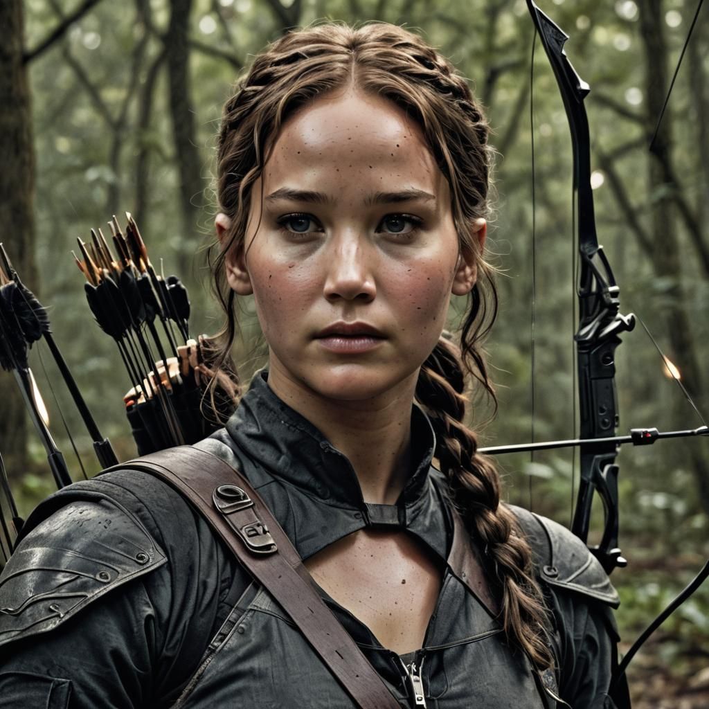Katniss Everdeen Portrait with Bow in Hyperrealistic Style