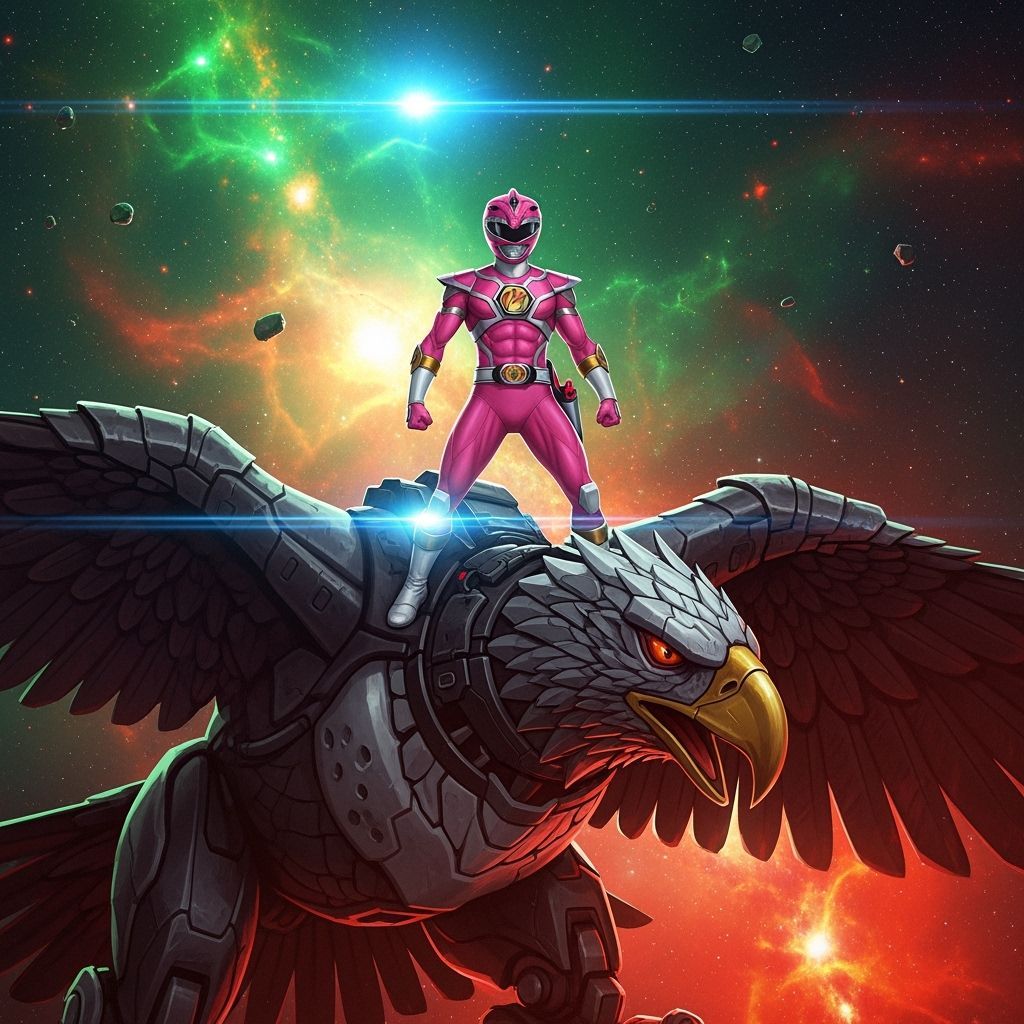 Pink Ranger on Mech-Eagle in Cyberpunk Sci-Fi Style