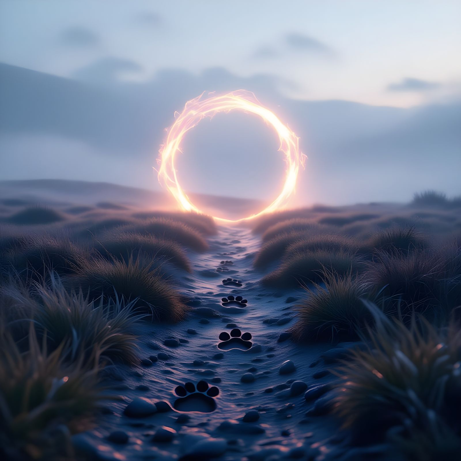 Magical Portal on Misty Moor with Animal Tracks