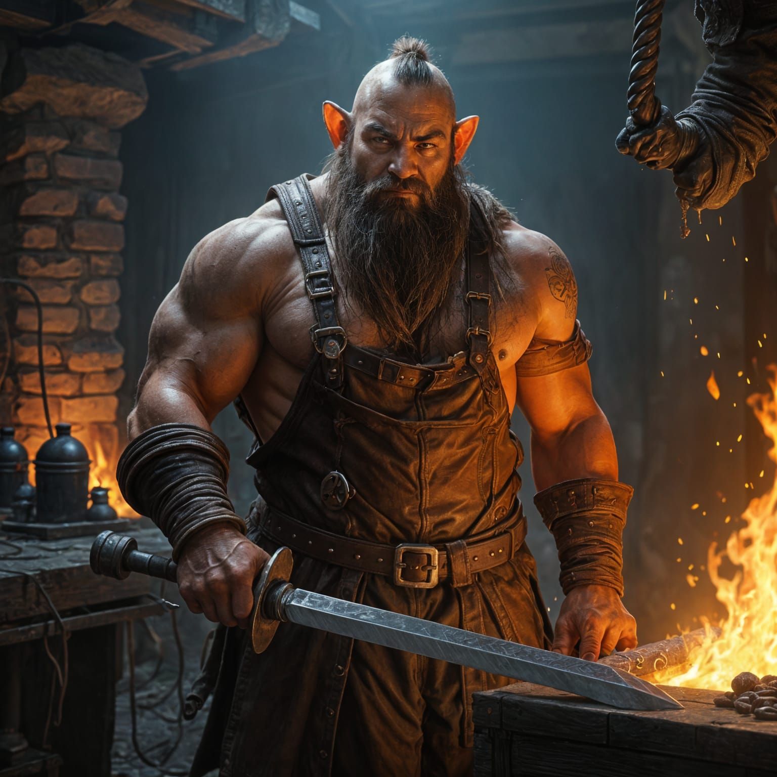 Dwarf Blacksmith Forging a Sword: Fantasy Concept Art