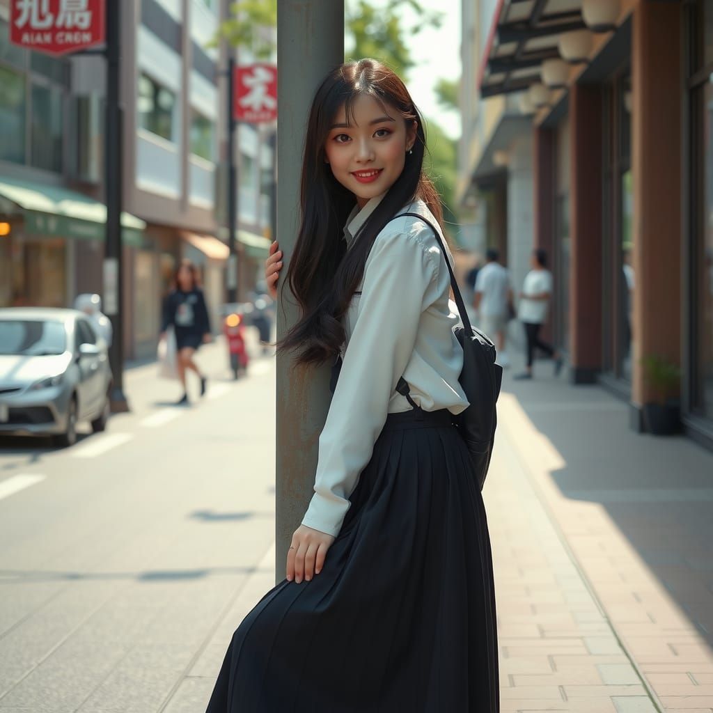 Japanese Student in Fashionable Street Scene