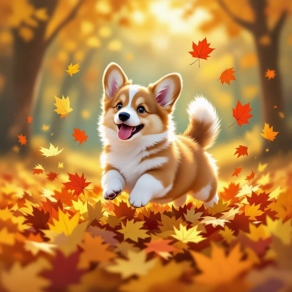 Fluffy Corgi Puppy Leaping in Autumn Leaves