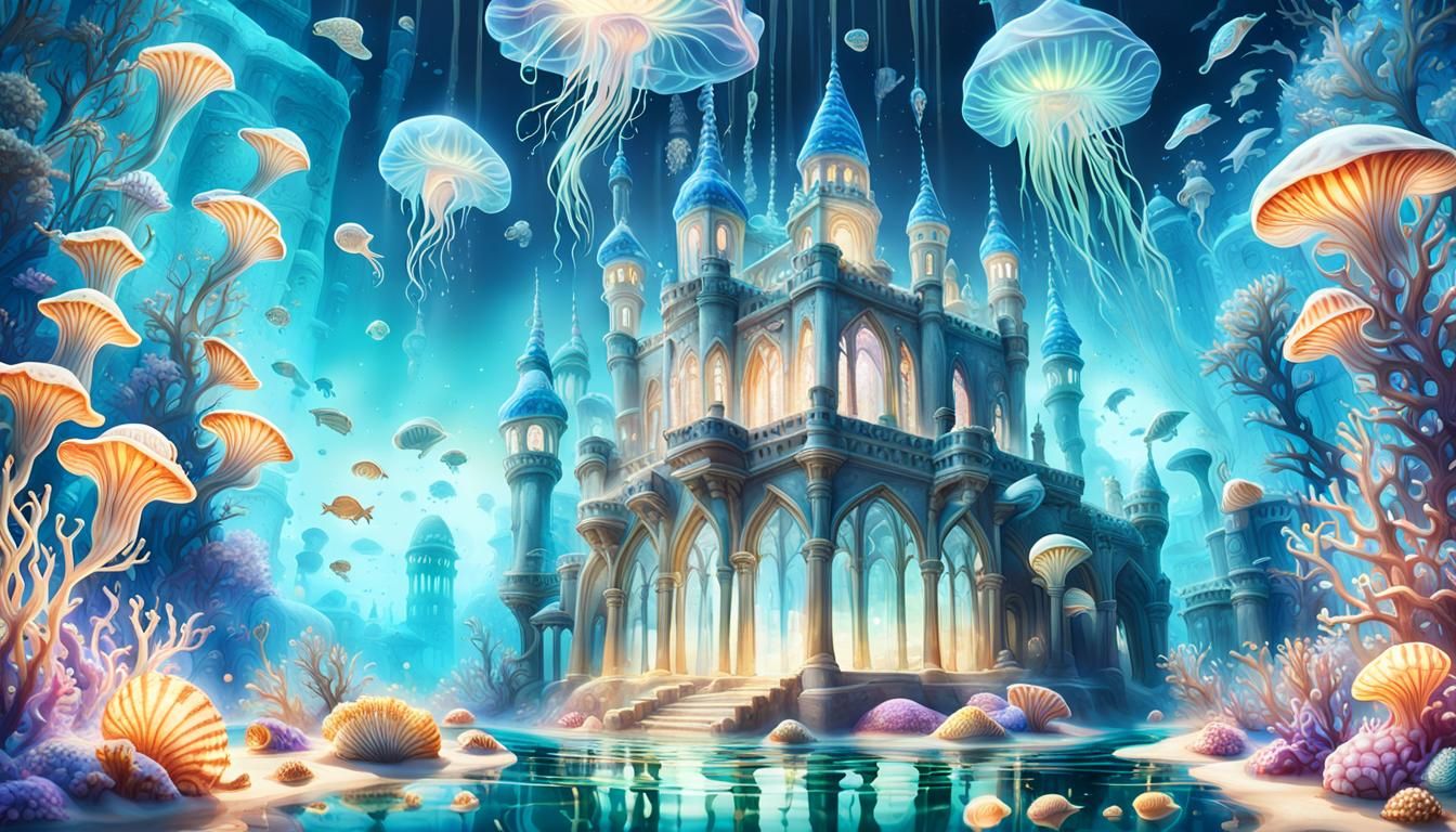 Underwater Sand Palace with Bioluminescent Life