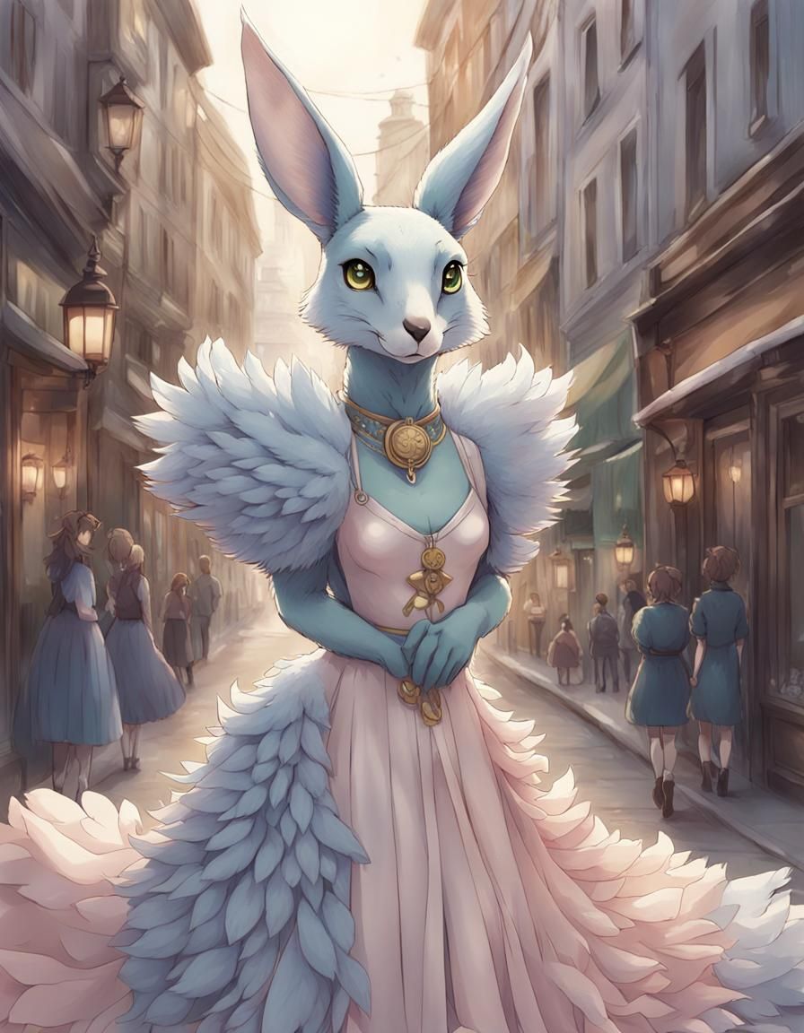 Sensual Anthropomorphic Dove in Flowing Pastel Dress