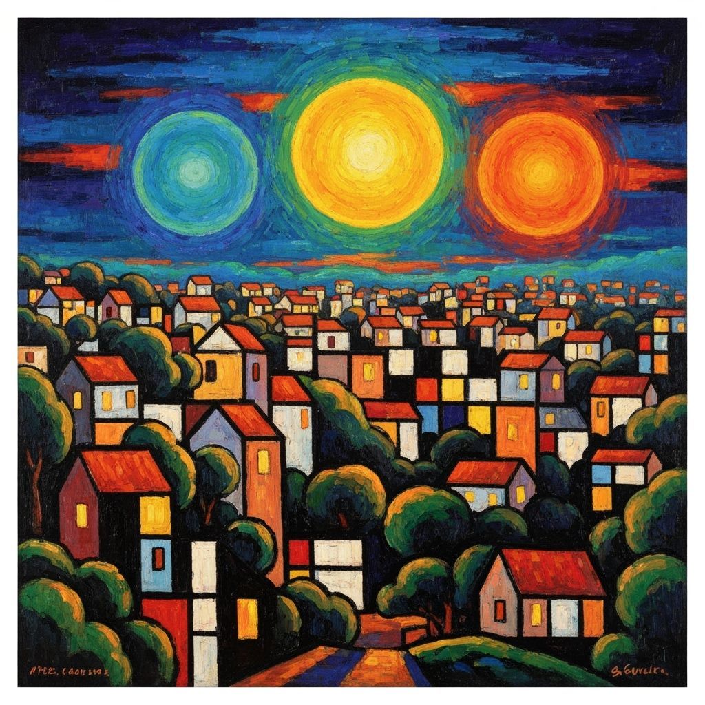 Three Colorful Suns Rise Over Glowing Town