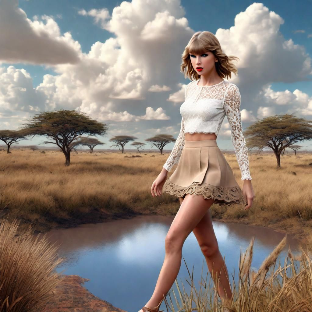 Taylor Swift in a white open lace top and a beige short skirt, brown open sandals, African Savanna, Steppe Grass, bushes...