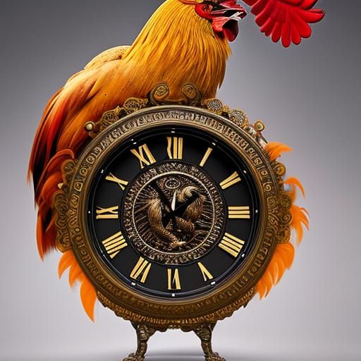 Hyperrealistic Rooster Clock with Fiery Feathers