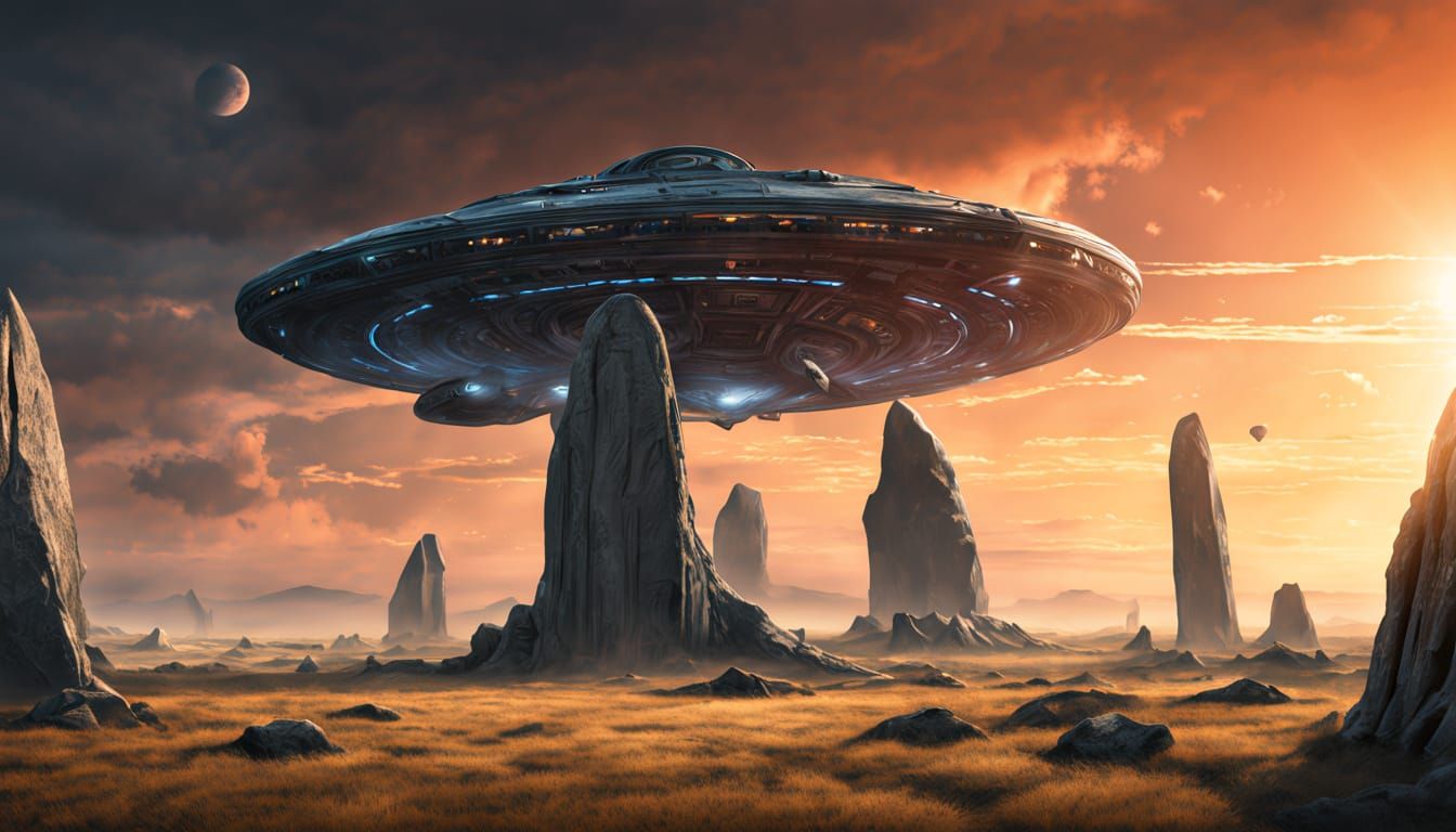 Starship Over Alien Landscape: Hyperrealistic Sci-Fi Art