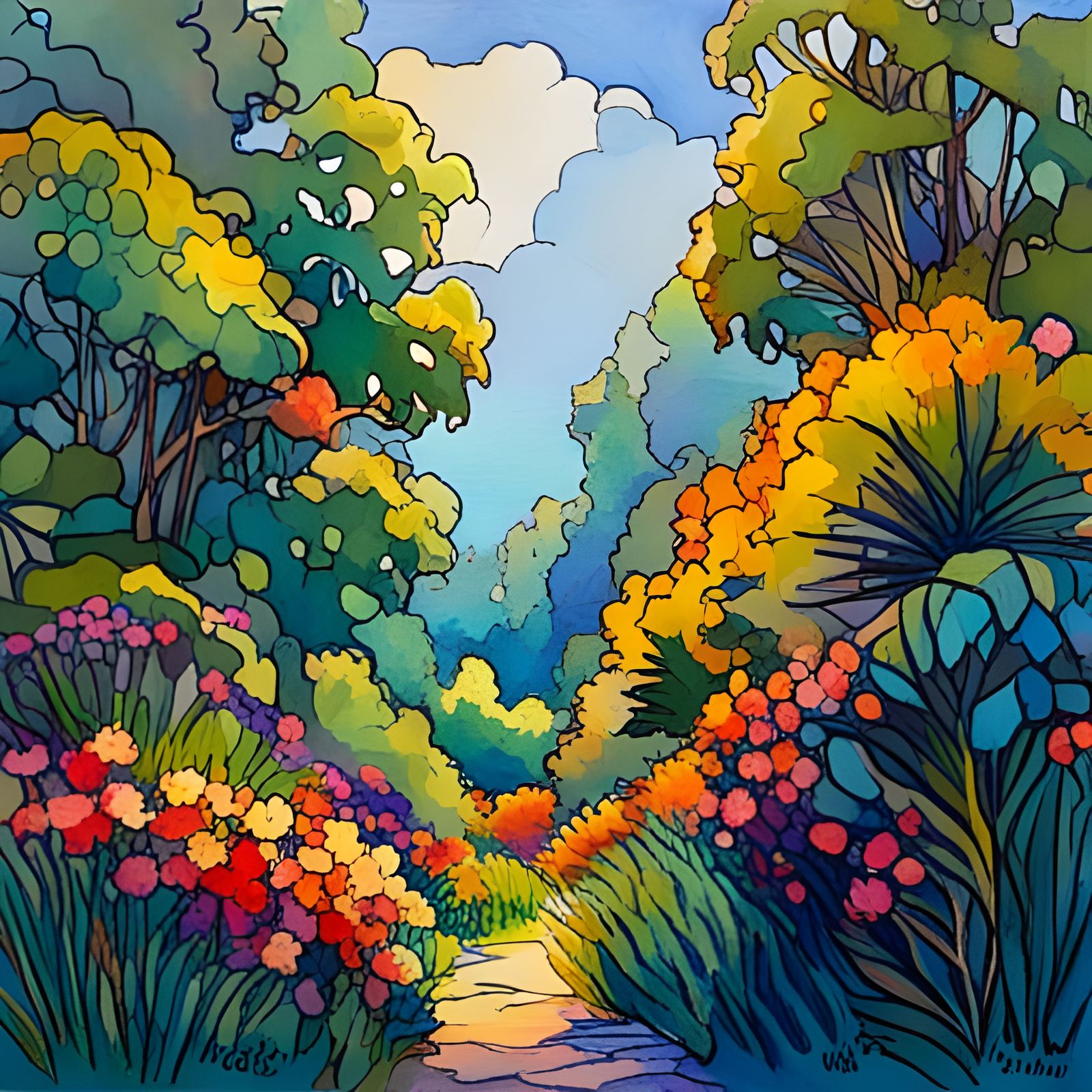Harmonious Tropical Jungle Foliage in Art Nouveau Style