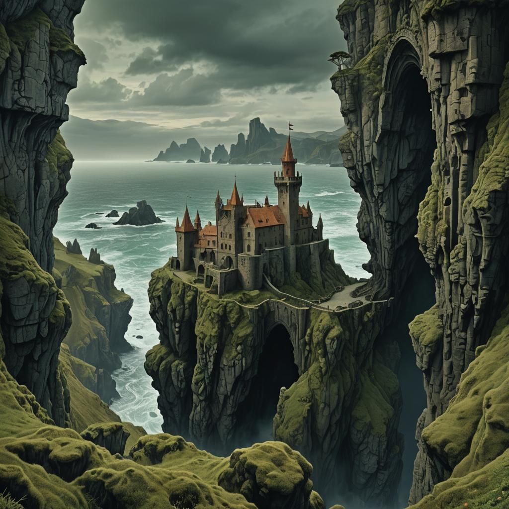 Grotesque Castle Over Turbulent Ocean in Dark Fantasy Style