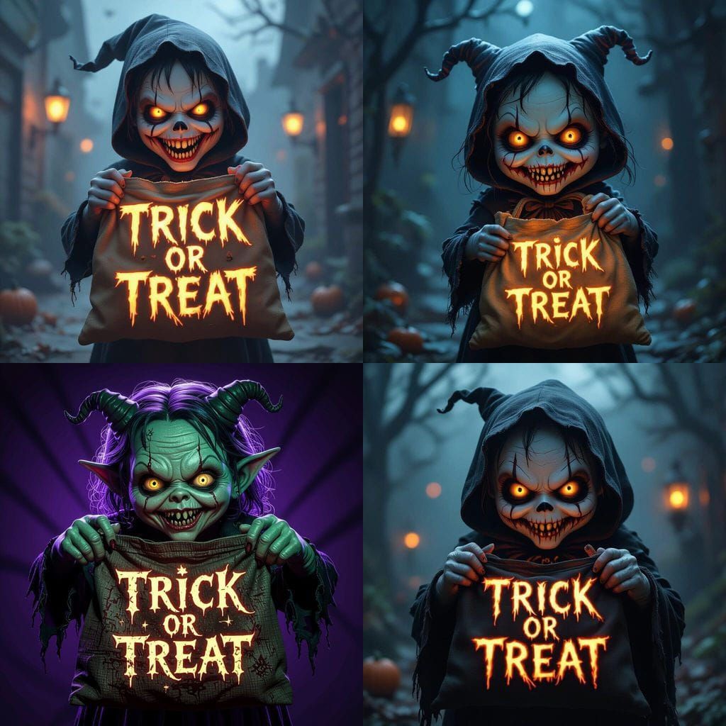 Whimsical Ghoul Holding 'Trick or Treat' Bag in Hyperrealist...